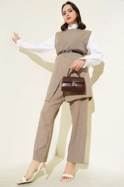 Button Detail Belted Three-Piece Set Mink en gros clothing set - Hicabistan usine Turquie