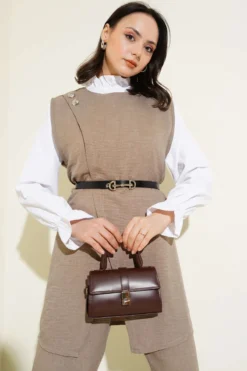 Button Detail Belted Three-Piece Set Mink en gros clothing set view 2 - Hicabistan usine Turquie