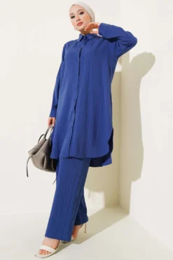 Buttoned Tree Bark Two-Piece Set Indigo