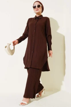 Buttoned Tree Bark Two-Piece Set Brown