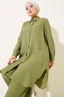 Buttoned Tree Bark Two-Piece Set Green wholesale clothing set view 2 - Hicabistan Turkey factory