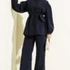 Button Balloon Sleeve Parachute Two-Piece Set Navy Blue wholesale clothing set view 2 - Hicabistan Turkey factory