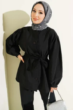 Button Balloon Sleeve Parachute Two-Piece Set Black wholesale clothing set view 2 - Hicabistan Turkey factory