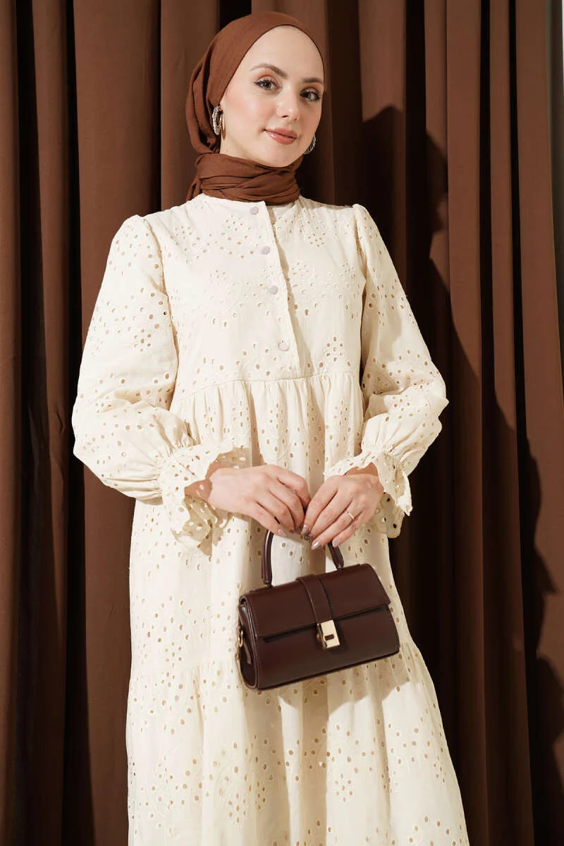 Buttoned Broderie Anklet Dress Beige - Image 2