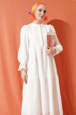 Buttoned Broderie Anklet Dress White wholesale dress view 2 - Hicabistan Turkey factory