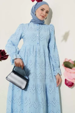 Buttoned Broderie Anklet Dress Blue wholesale dress view 2 - Hicabistan Turkey factory