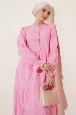 Buttoned Broderie Anklet Dress Pink wholesale dress view 2 - Hicabistan Turkey factory