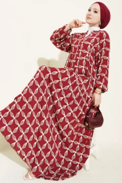 Buttoned Patterned Elastic Waist Dress Burgundy groothandel dress view 2 - Hicabistan Turkije fabriek