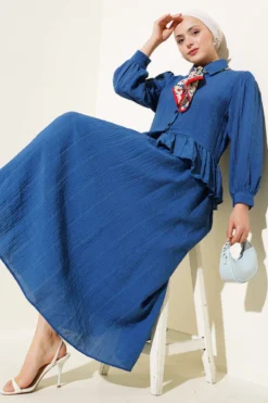 Buttoned Ruffled Skirt Set Indigo