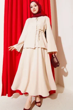 Buttoned Tied Waist Double Skirt Set Beige
