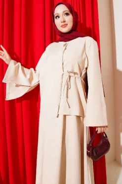 Alternative view of Buttoned Tied Waist Double Skirt Set Beige
