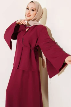 Alternative view of Buttoned Tied Waist Double Skirt Set Burgundy