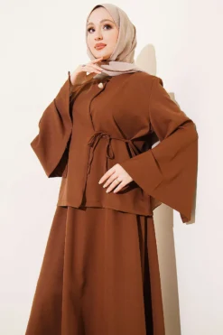 Alternative view of Buttoned Tied Waist Double Skirt Set Brown