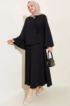 Buttoned Tied Waist Double Skirt Set Black