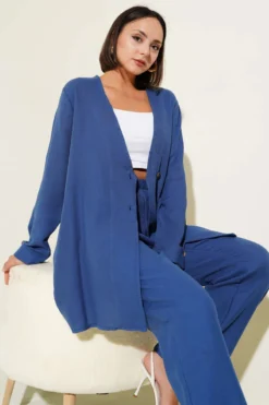 Alternative view of Buttoned Belted Muslin Two-Piece Set Indigo