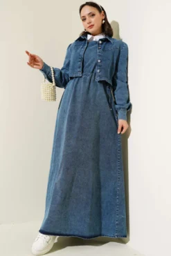 Alternative view of Buttoned Short Jacket Denim Two-Piece Set