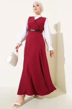 Buttoned Belted Dress Burgundy
