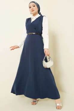 Buttoned Belted Dress Navy Blue