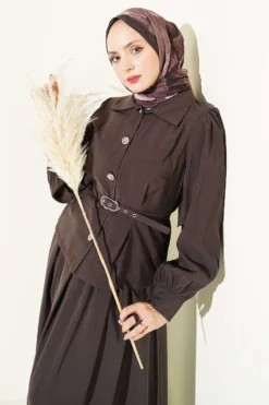 Buttoned Pants Detailed Modal Skirt Set Brown all'ingrosso clothing set view 2 - Hicabistan fabbrica Turchia