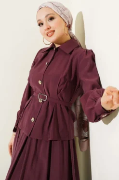 Alternative view of Buttoned Pants Detailed Modal Skirt Set Burgundy