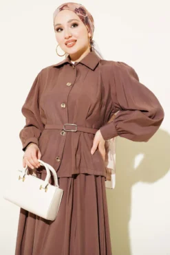 Alternative view of Buttoned Pants Detailed Modal Skirt Set Brown