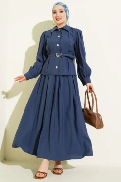 Buttoned Pants Detailed Modal Skirt Set Navy Blue