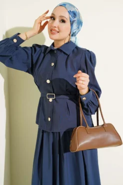 Alternative view of Buttoned Pants Detailed Modal Skirt Set Navy Blue
