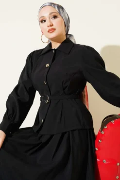 Alternative view of Buttoned Pants Detailed Modal Skirt Set Black