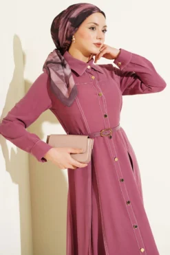 Buttoned Pleated Belted Dress بالجملة dress view 2 - Hicabistan مصنع تركيا