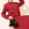 Buttoned Fake Pocket Scuba Skirt Two-Piece Set Burgundy wholesale clothing set view 2 - Hicabistan Turkey factory