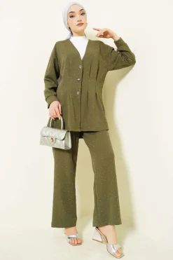 Buttoned Stone Embellished Two-Piece Set Khaki