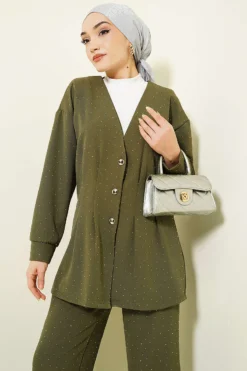 Alternative view of Buttoned Stone Embellished Two-Piece Set Khaki