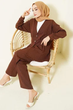 Buttoned Stone Embellished Two-Piece Set Brown