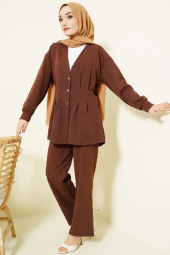 Alternative view of Buttoned Stone Embellished Two-Piece Set Brown