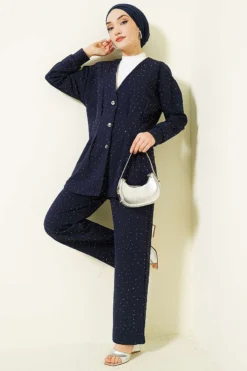 Buttoned Stone Embellished Two-Piece Set Navy Blue