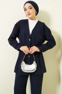 Alternative view of Buttoned Stone Embellished Two-Piece Set Navy Blue