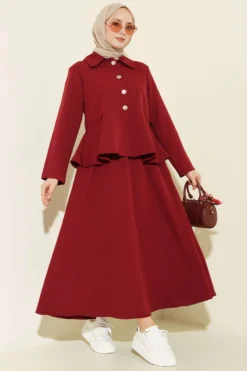 Buttoned Ruffle Blouse with Skirt Two-Piece Set Burgundy