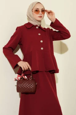 Alternative view of Buttoned Ruffle Blouse with Skirt Two-Piece Set Burgundy
