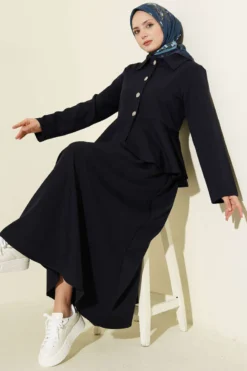 Buttoned Ruffle Blouse with Skirt Two-Piece Set Navy Blue
