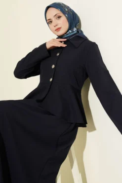 Alternative view of Buttoned Ruffle Blouse with Skirt Two-Piece Set Navy Blue