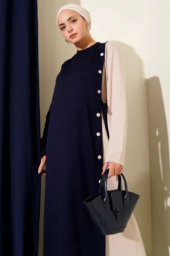 Buttoned Side Tied Crew Neck Dress Navy Blue en gros dress view 2 - Hicabistan usine Turquie