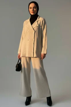 Four Button Detail Knit Two-Piece Set Beige