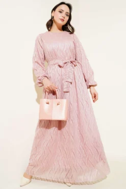 Wave Lace Belted Dress Powder Pink