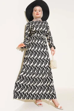 Wave Pattern Elastic Waist Ruffled Dress Black