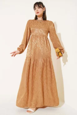 Wave Pattern Jacquard Dress Camel