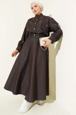 Jacketed Denim Set with Drop Stone Brown