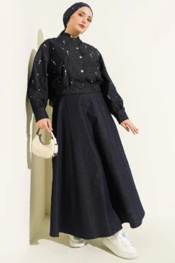 Jacketed Denim Set with Drop Stone Navy Blue