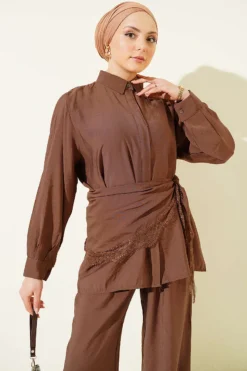 Alternative view of Lace Shawl Detailed Hidden Button Set Brown