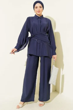 Lace Shawl Detailed Hidden Button Set Navy Blue