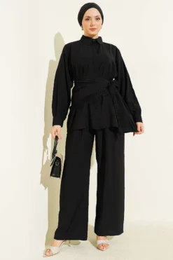 Lace Shawl Detailed Hidden Button Set Black